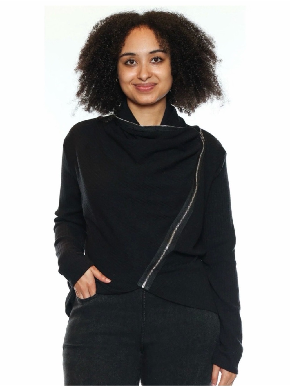 RD Style Black Asymmetric Zip Women's Sweater